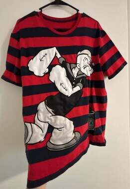 Popeye Red and Black Striped T-Shirt with Spinach Can and Popeye Graphic